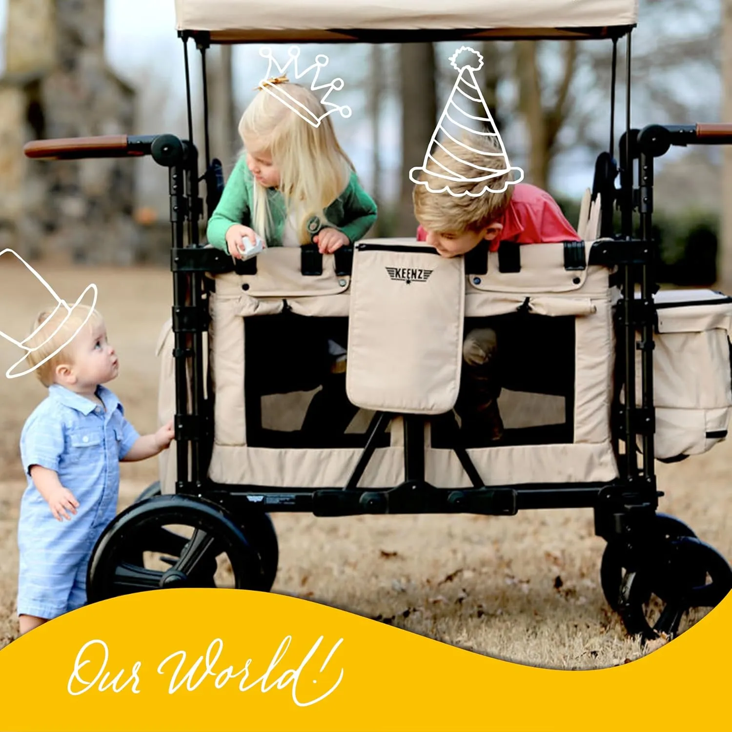 Keenz XC 2.0 - Luxury 2 Passenger Stroller Wagon for Kids | Foldable 2 Passenger Quad Seater with Adjustable Canopy | Cream