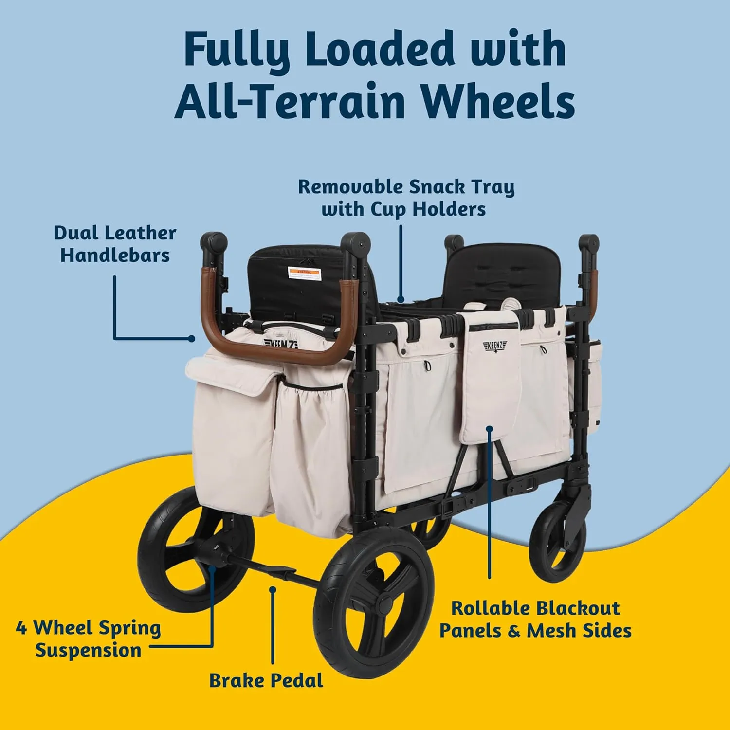 Keenz XC 2.0 - Luxury 2 Passenger Stroller Wagon for Kids | Foldable 2 Passenger Quad Seater with Adjustable Canopy | Cream