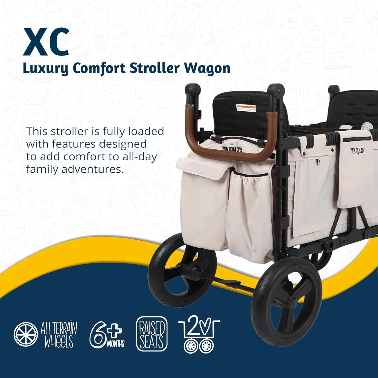 Keenz XC 2.0 - Luxury 2 Passenger Stroller Wagon for Kids | Foldable 2 Passenger Quad Seater with Adjustable Canopy | Cream