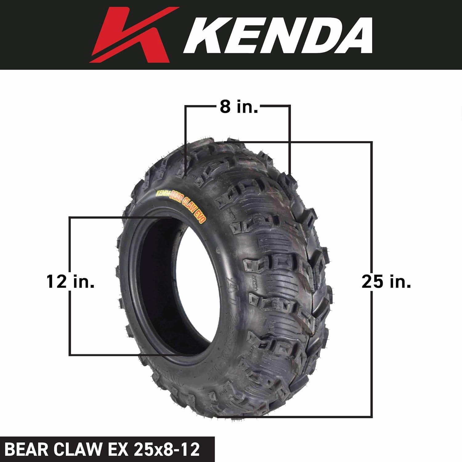 Kenda Bearclaw EVO K592-25x8-12 Front and 25x10-12 Rear Tires for All Terrain (ATV), UTV, and Side by Side (SxS) Vehicles - 6-Ply - Bear Claw EVO 25x8x12 25x10x12 with Kenda Keychain (4 Pack)