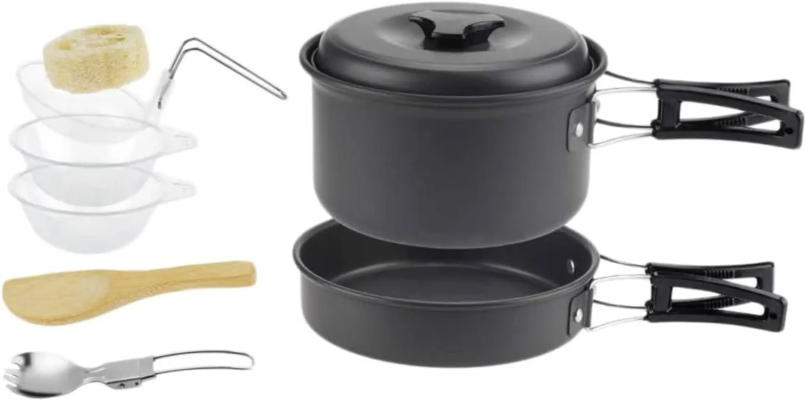 KICHOUSE 1Set Portable Camping Cookware for People Durable Outdoor Cooking Equipment Lightweight BBQ Accessories for Picnics and Hiking Stylish Black Design