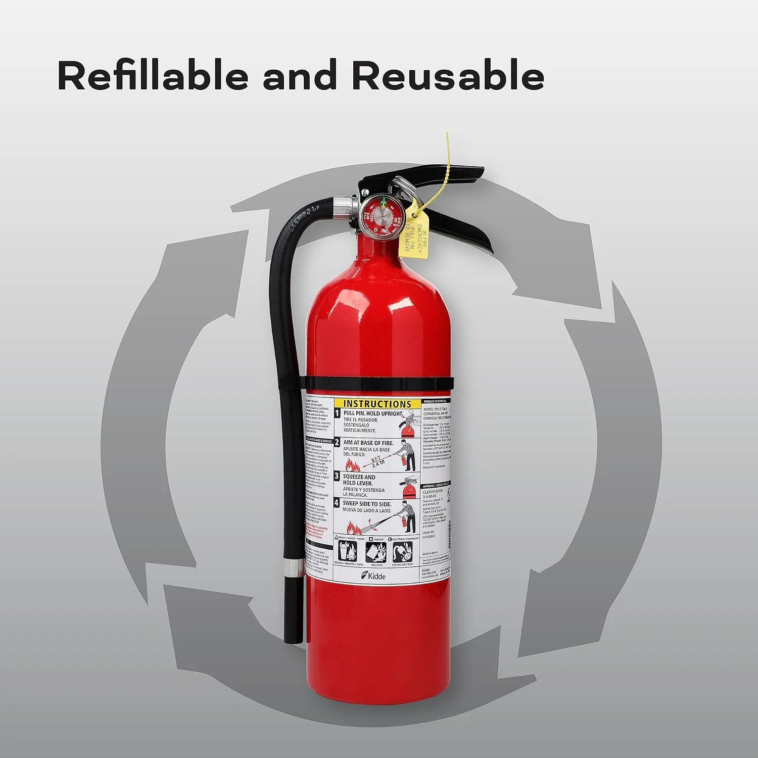 Kidde Fire Extinguisher for Commercial Use, 3-A:40-B:C, 9 Lbs., Refillable & Reusable, Hose & Wall Mount (Included)