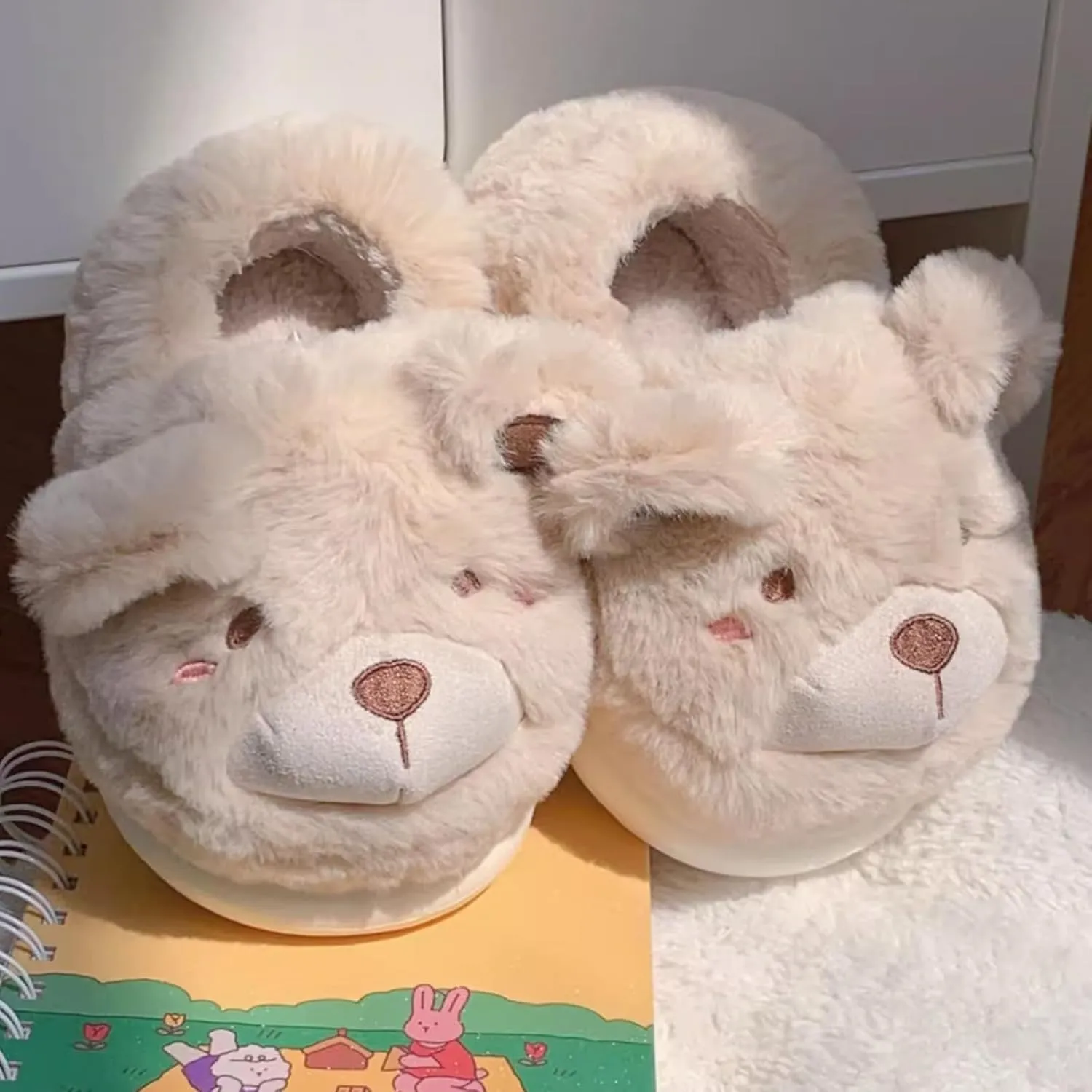 Kids' Plush Bear Winter Slippers, Cute Fuzzy Indoor Shoes for Boys Girls Family Matching Home Slippers