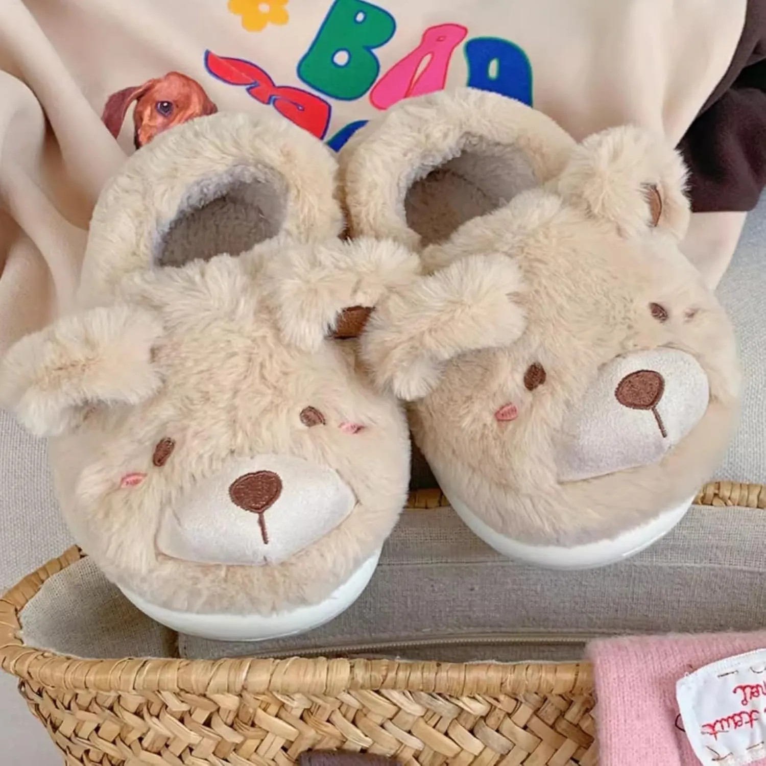 Kids' Plush Bear Winter Slippers, Cute Fuzzy Indoor Shoes for Boys Girls Family Matching Home Slippers