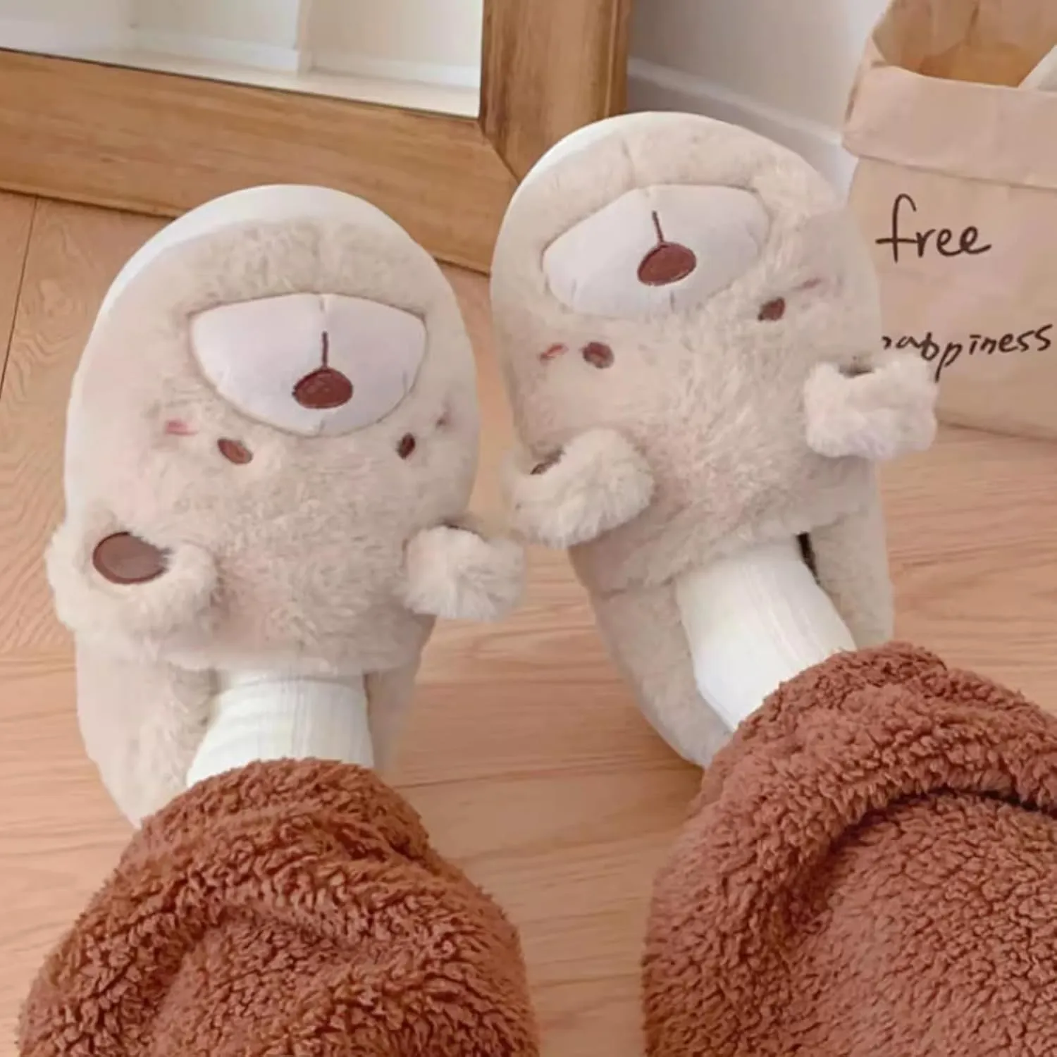 Kids' Plush Bear Winter Slippers, Cute Fuzzy Indoor Shoes for Boys Girls Family Matching Home Slippers