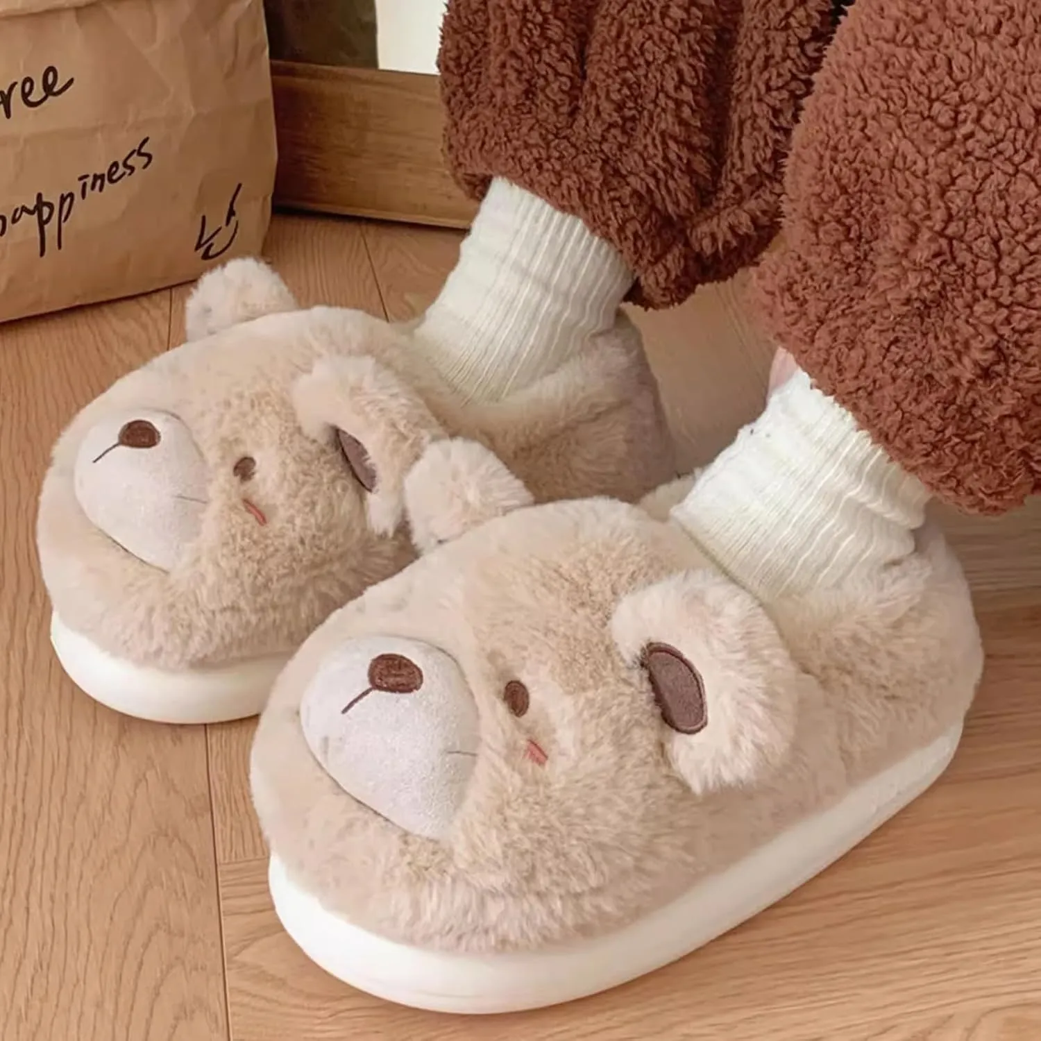 Kids' Plush Bear Winter Slippers, Cute Fuzzy Indoor Shoes for Boys Girls Family Matching Home Slippers