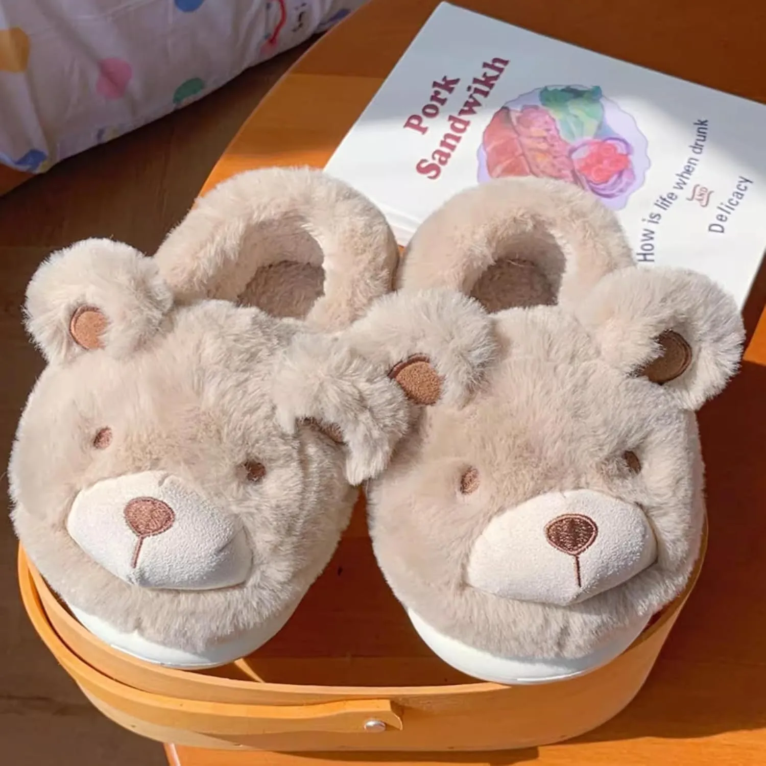 Kids' Plush Bear Winter Slippers, Cute Fuzzy Indoor Shoes for Boys Girls Family Matching Home Slippers