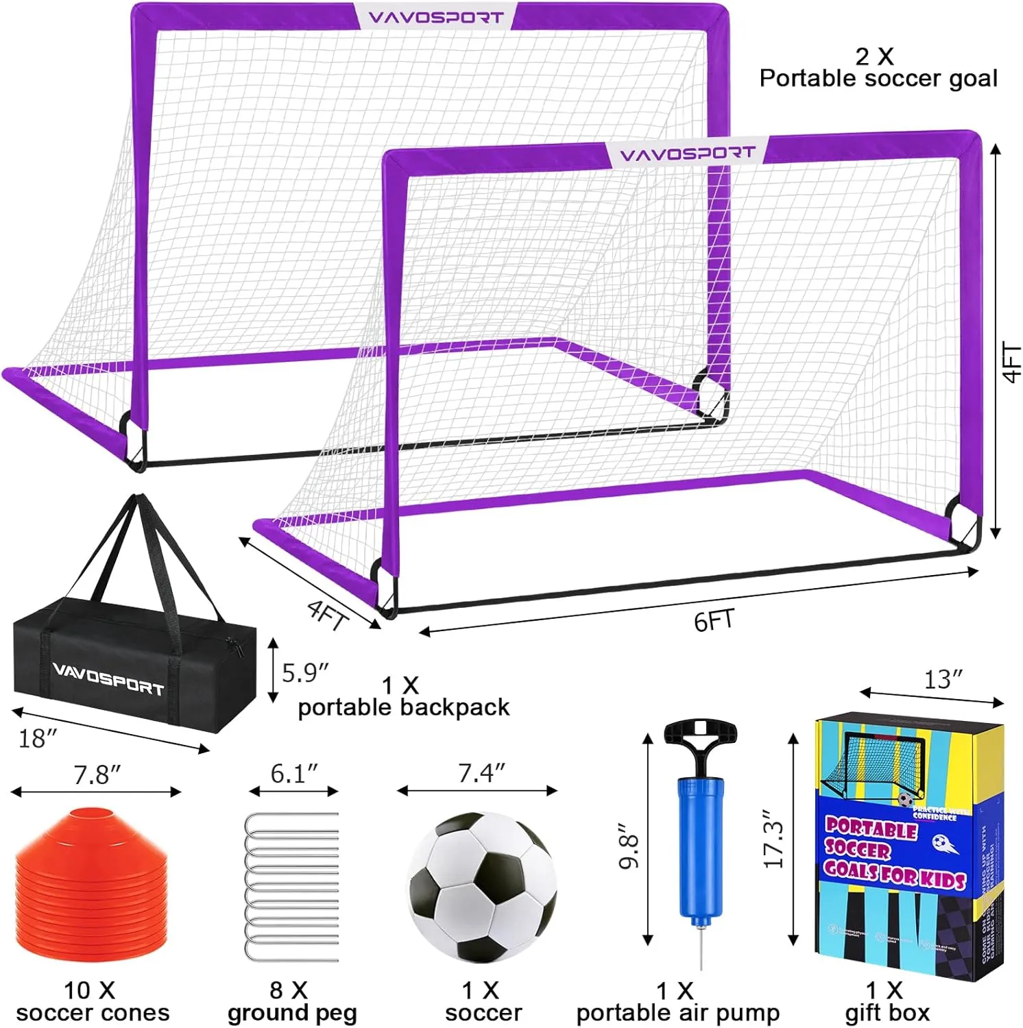 Kids Soccer Goals for Backyard Set - 2 of 6x4 ft Portable Soccer Goal Training Equipment, Practice Soccer Net with Soccer Ball, Cones, Bag, Soccer Set for Kids Youth Toddler Games, Sports Outdoor Play