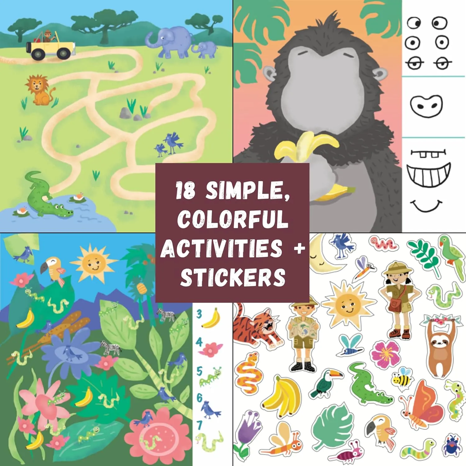 Kids Travel Educational Activity Book with Washable Markers - Car and Airplane Activities, Learning Toys for Toddlers- Reusable Stickers for Ages 4, 5, 6 (Jungle & 2 Extra Books)
