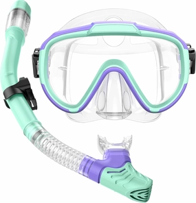 Kids Snorkel Set, Anti-Fog Panoramic Tempered Glass Kids Snorkel mask, Anti-Leak Scuba Diving Mask with Mesh Bag, Dry Top Snorkeling Gear for Kids and Youth Age 4-16