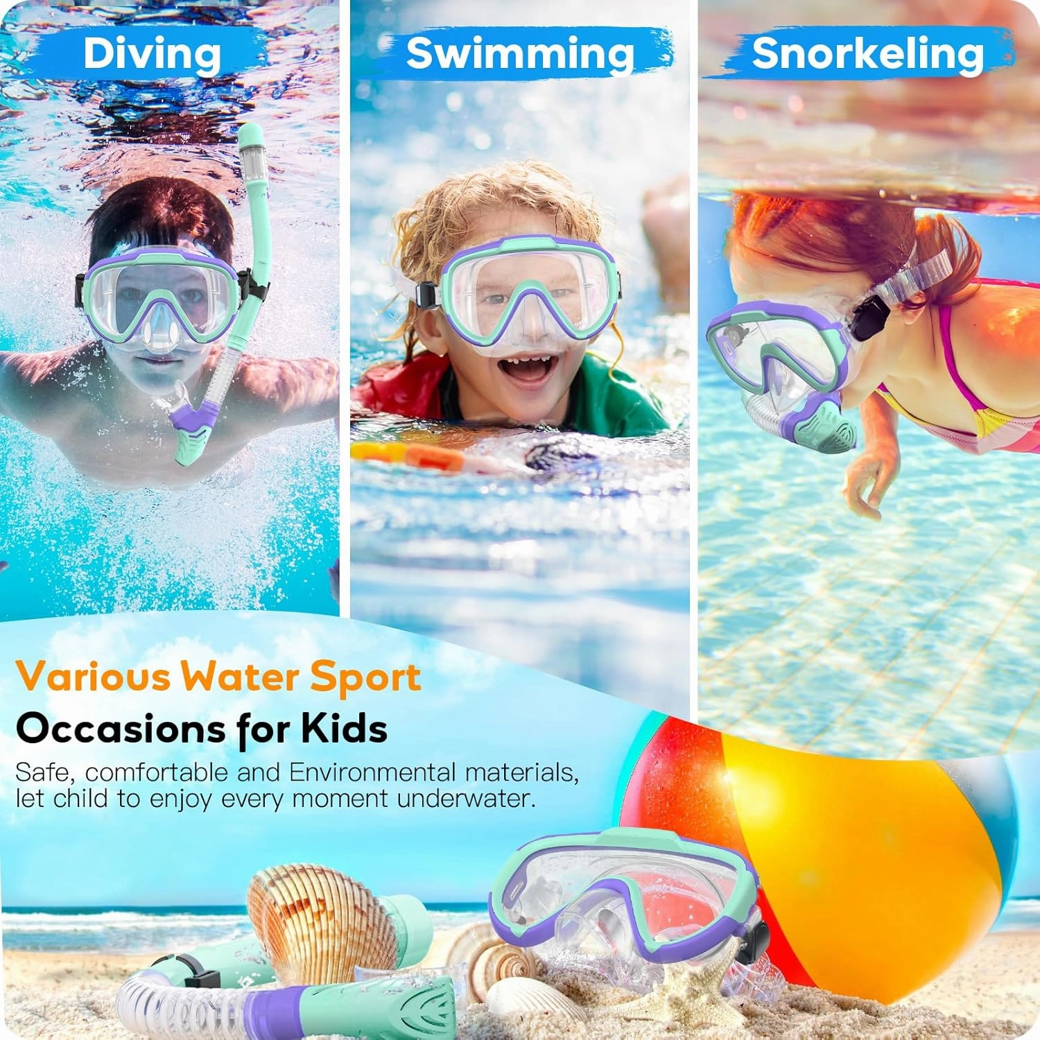 Kids Snorkel Set, Anti-Fog Panoramic Tempered Glass Kids Snorkel mask, Anti-Leak Scuba Diving Mask with Mesh Bag, Dry Top Snorkeling Gear for Kids and Youth Age 4-16