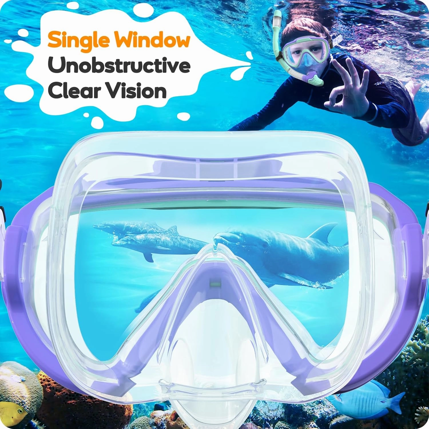 Kids Snorkel Set, Anti-Fog Panoramic Tempered Glass Kids Snorkel mask, Anti-Leak Scuba Diving Mask with Mesh Bag, Dry Top Snorkeling Gear for Kids and Youth Age 4-16