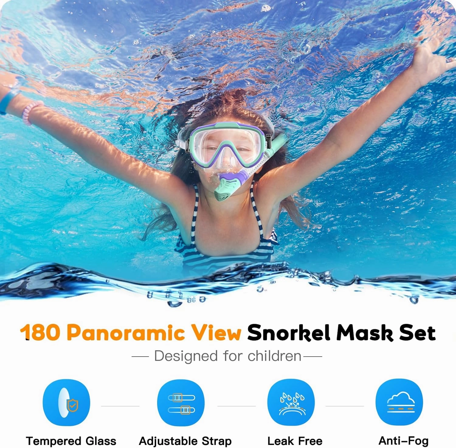 Kids Snorkel Set, Anti-Fog Panoramic Tempered Glass Kids Snorkel mask, Anti-Leak Scuba Diving Mask with Mesh Bag, Dry Top Snorkeling Gear for Kids and Youth Age 4-16