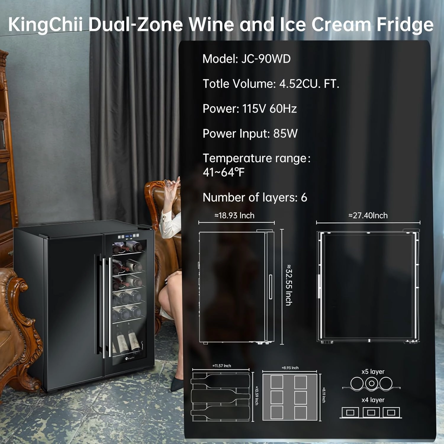 KingChii 27 Inch Wine Cooler and Ice Cream Refrigerator, Dual-Zone 18 Bottles Wine & 45 Cans Ice Cream Freestanding Fridge, Digital Control, Low Noise Professional Compressor for Home, Office, Kitchen