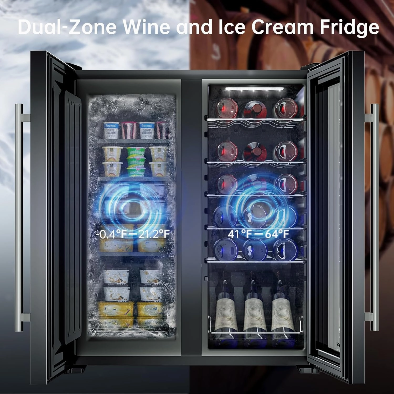KingChii 27 Inch Wine Cooler and Ice Cream Refrigerator, Dual-Zone 18 Bottles Wine & 45 Cans Ice Cream Freestanding Fridge, Digital Control, Low Noise Professional Compressor for Home, Office, Kitchen