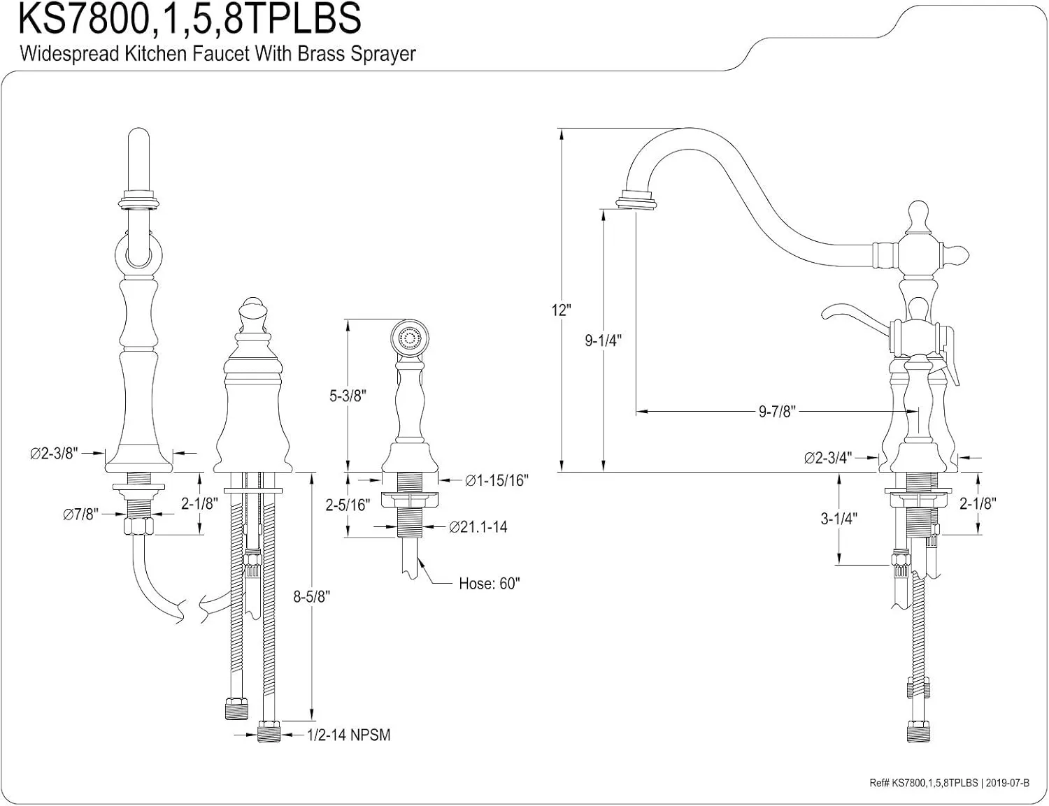 Kingston Brass KS7805TPLBS Templeton Widespread Kitchen Faucet with Brass Sprayer, Oil Rubbed Bronze, 8-Inch Center , Oil-Rubbed Bronze