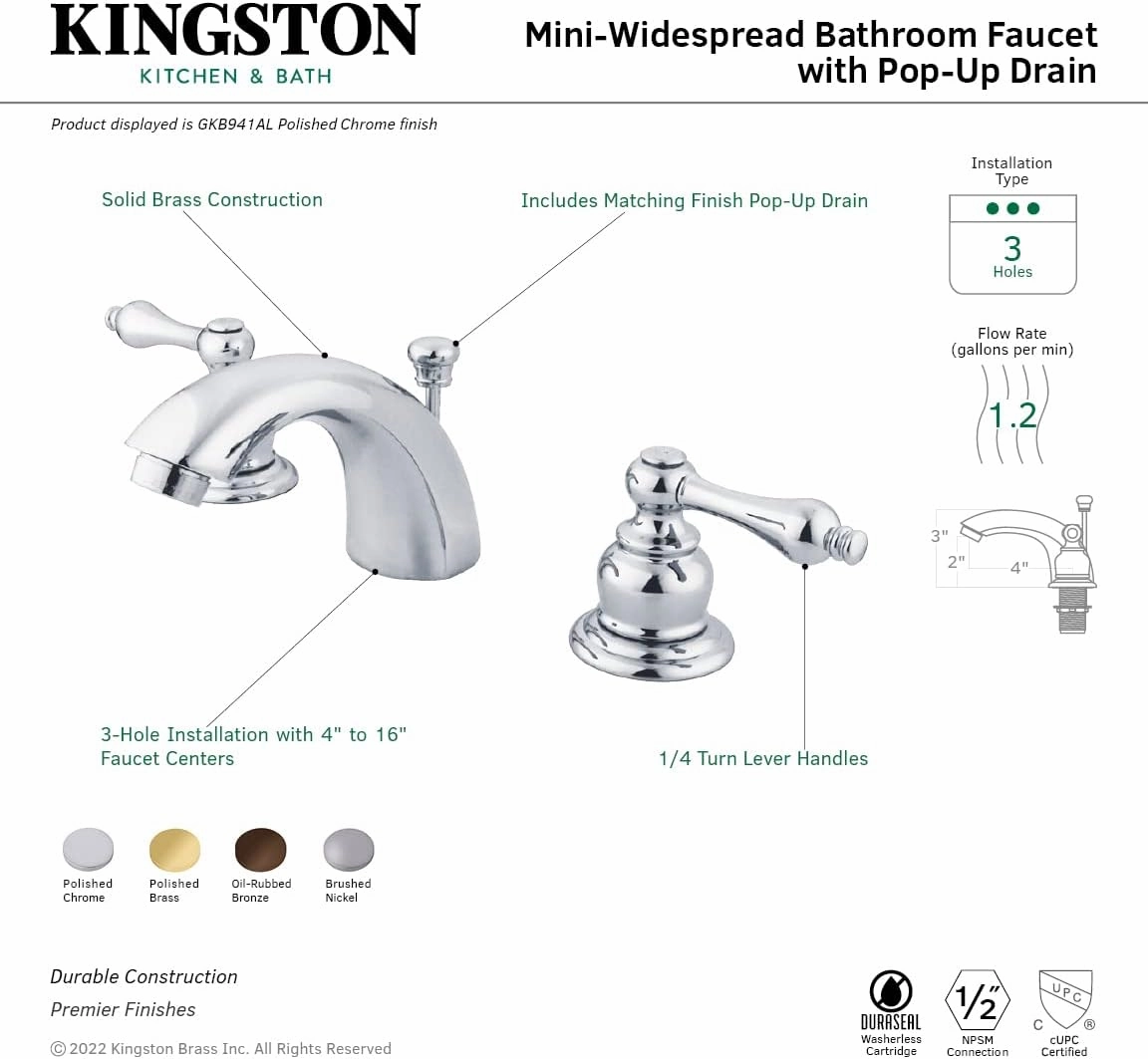 Kingston Brass GKB941AL Magellan Mini-Widespread Lavatory Faucet with Retail Pop-Up, 4-7/16 inch in Spout Reach, Polished Chrome