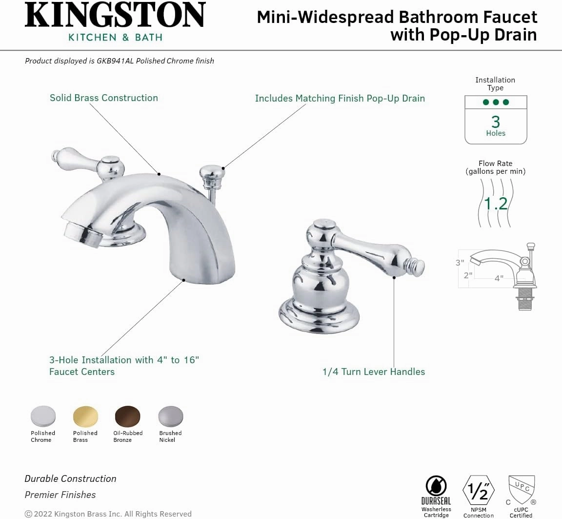 Kingston Brass GKB945AL Magellan Mini-Widespread Lavatory Faucet with Retail Pop-Up, 4-7/16", Oil Rubbed Bronze