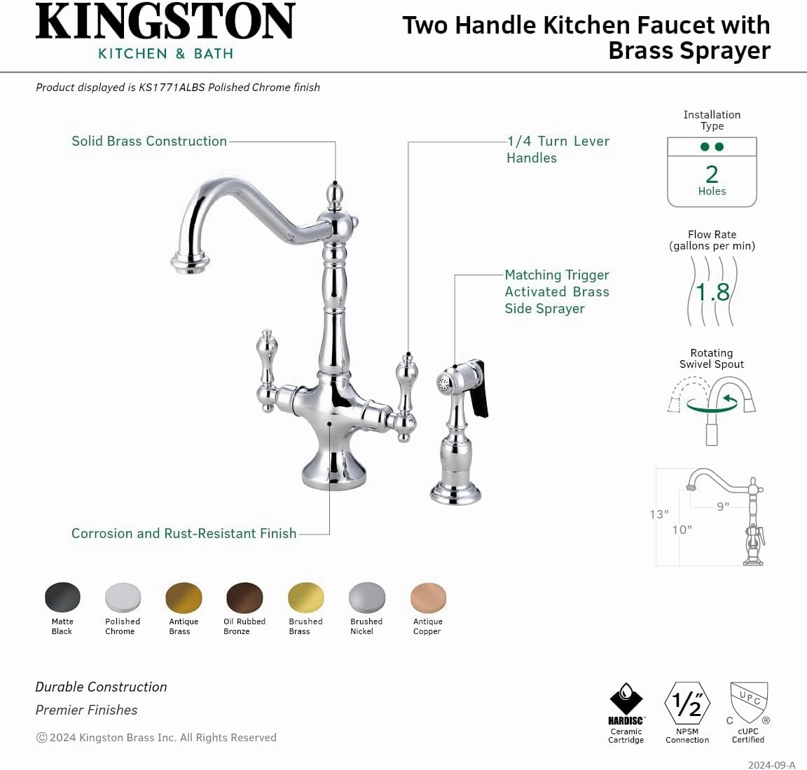 Kingston Brass KS1778ALBS Heritage Kitchen Faucet, 8-1/4-Inch, Brushed Nickel