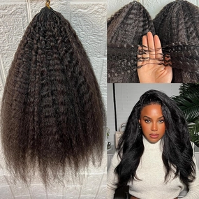 Kinky Straight Feather Crochet Human Hair Extension Yaki Wave Pre Separated Knotless Crochet Hair Micro Bundles With Loop For Reusable Boho Braids 16Inch 240g 200Strands