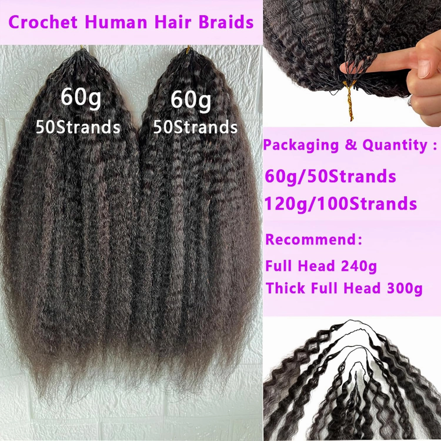 Kinky Straight Feather Crochet Human Hair Extension Yaki Wave Pre Separated Knotless Crochet Hair Micro Bundles With Loop For Reusable Boho Braids 16Inch 240g 200Strands