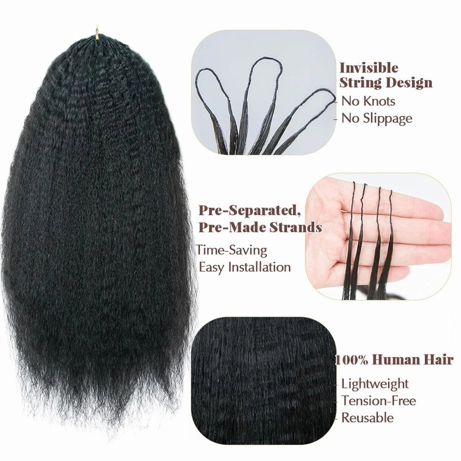 Kinky Straight Feather Crochet Human Hair Extension Yaki Wave Pre Separated Knotless Crochet Hair Micro Bundles With Loop For Reusable Boho Braids 16Inch 240g 200Strands
