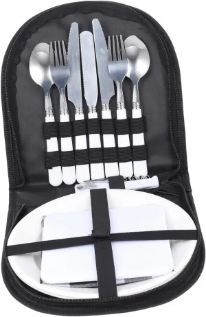 Kisangel 1set Portable Stainless Steel Travel Cutlery Picnic Utensils Storage Bag for Camping Outdoor Dining and Family Use Fork Spoon Knife and Plate Included