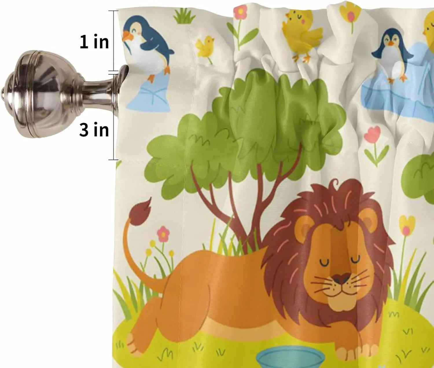 Kitchen Window Valance and Tier Curtains 3 Pieces Set Cartoon Lion Elephant Green Tree on Beige Rod Pocket Valances Tiers Short Cafe Curtain Privacy Window Treatment for Bedroom Animal Focus
