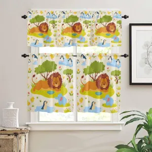 Kitchen Window Valance and Tier Curtains 3 Pieces Set Cartoon Lion Elephant Green Tree on Beige Rod Pocket Valances Tiers Short Cafe Curtain Privacy Window Treatment for Bedroom Animal Focus