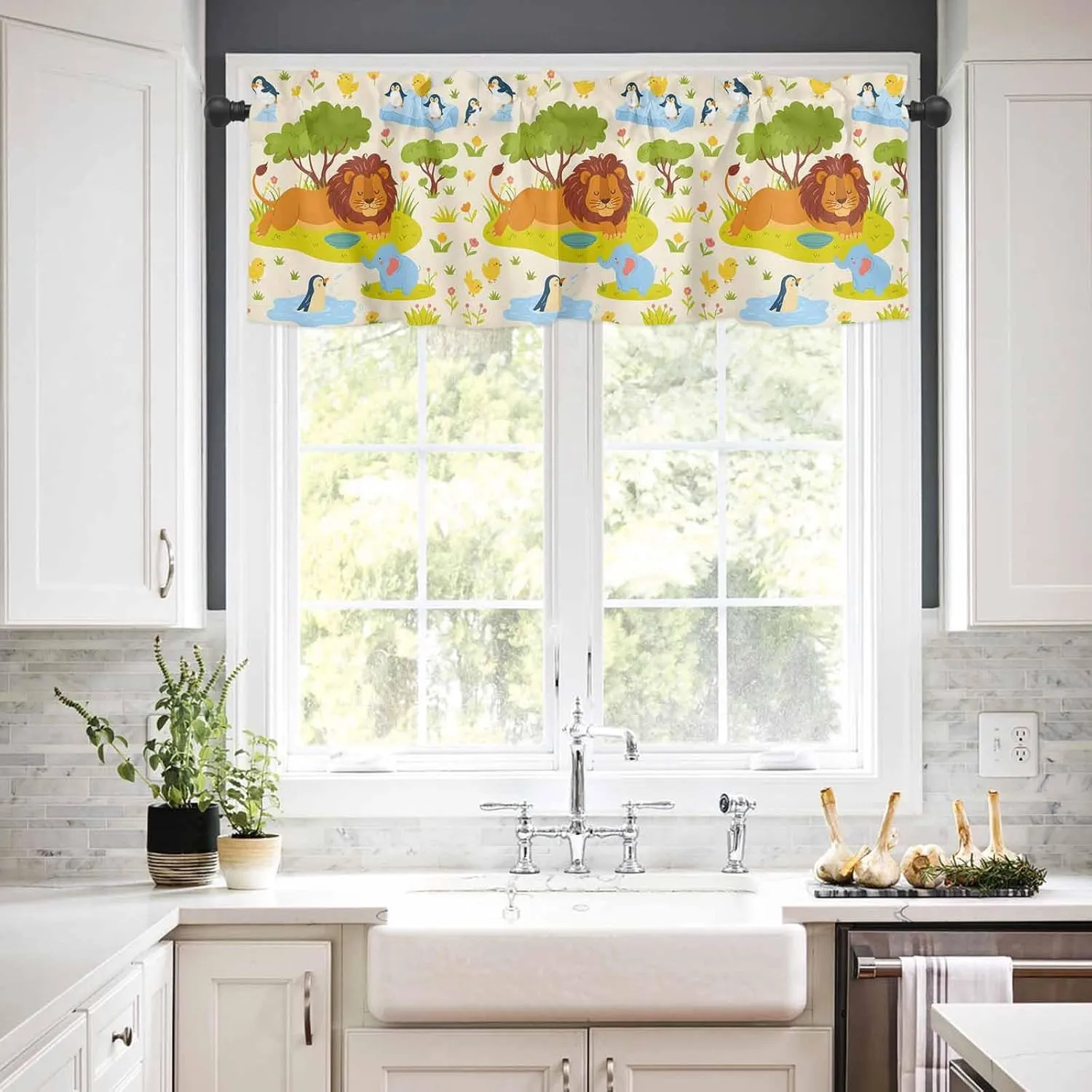 Kitchen Window Valance and Tier Curtains 3 Pieces Set Cartoon Lion Elephant Green Tree on Beige Rod Pocket Valances Tiers Short Cafe Curtain Privacy Window Treatment for Bedroom Animal Focus
