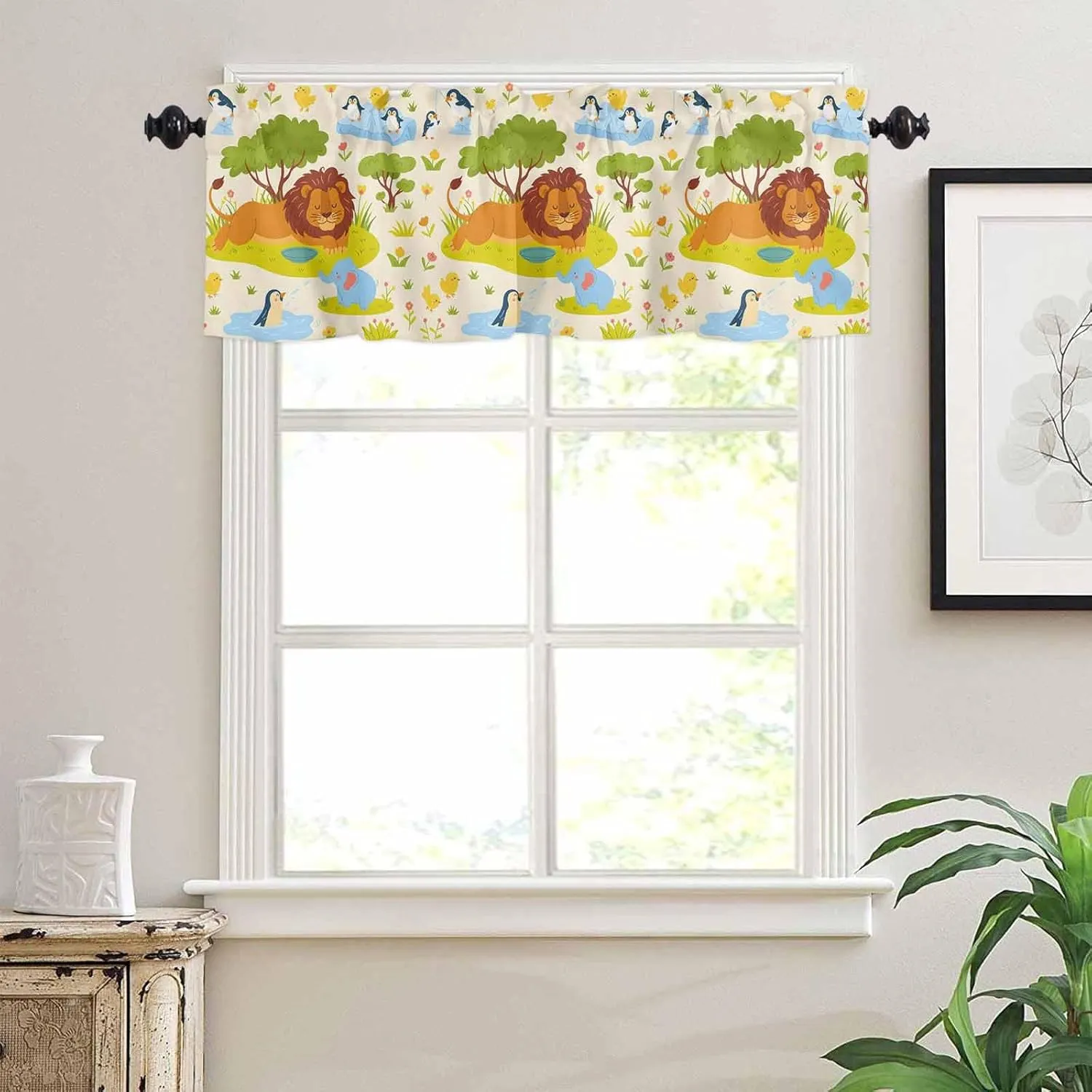 Kitchen Window Valance and Tier Curtains 3 Pieces Set Cartoon Lion Elephant Green Tree on Beige Rod Pocket Valances Tiers Short Cafe Curtain Privacy Window Treatment for Bedroom Animal Focus