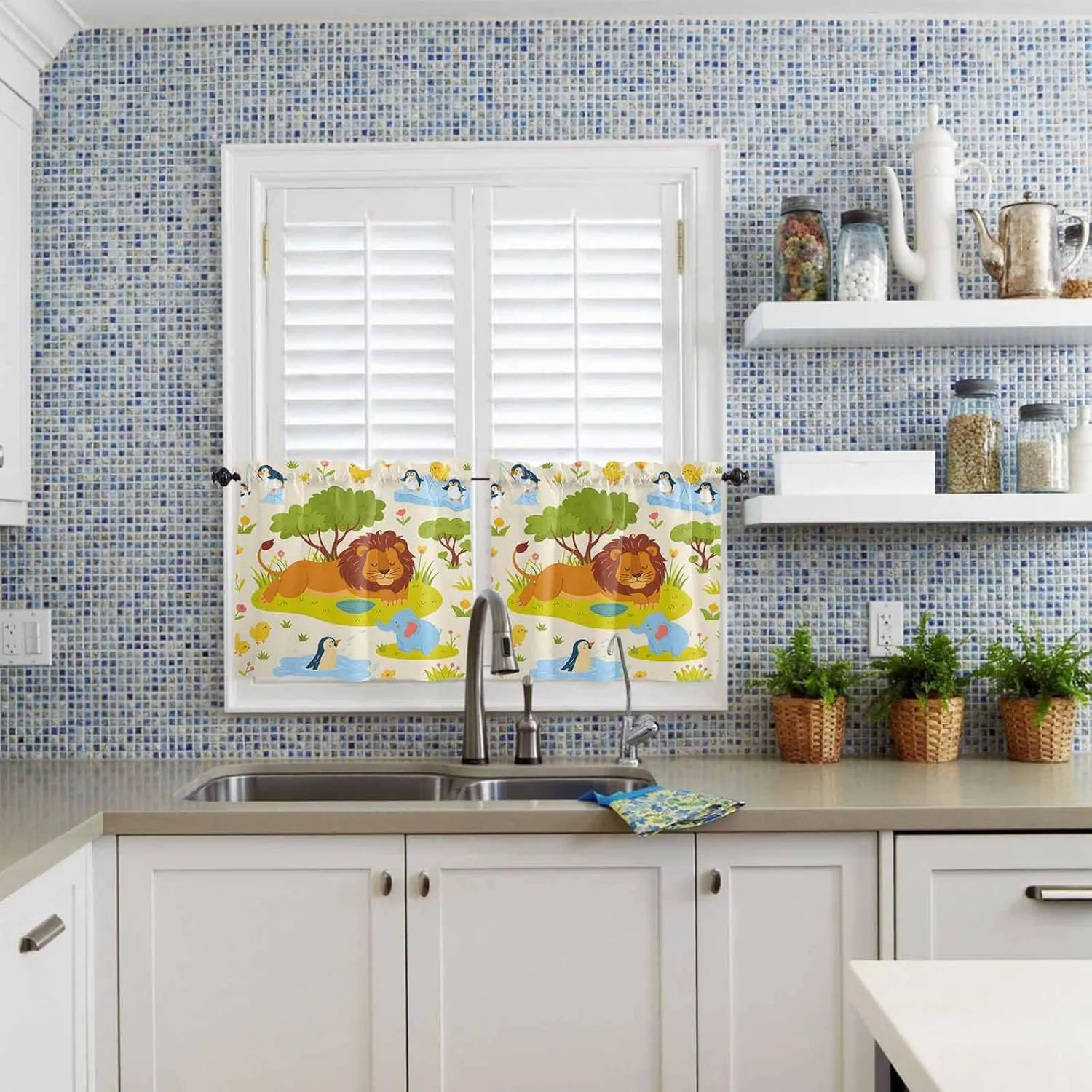 Kitchen Window Valance and Tier Curtains 3 Pieces Set Cartoon Lion Elephant Green Tree on Beige Rod Pocket Valances Tiers Short Cafe Curtain Privacy Window Treatment for Bedroom Animal Focus