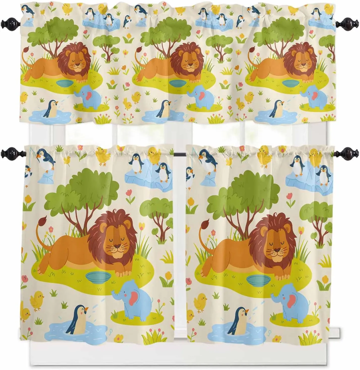 Kitchen Window Valance and Tier Curtains 3 Pieces Set Cartoon Lion Elephant Green Tree on Beige Rod Pocket Valances Tiers Short Cafe Curtain Privacy Window Treatment for Bedroom Animal Focus