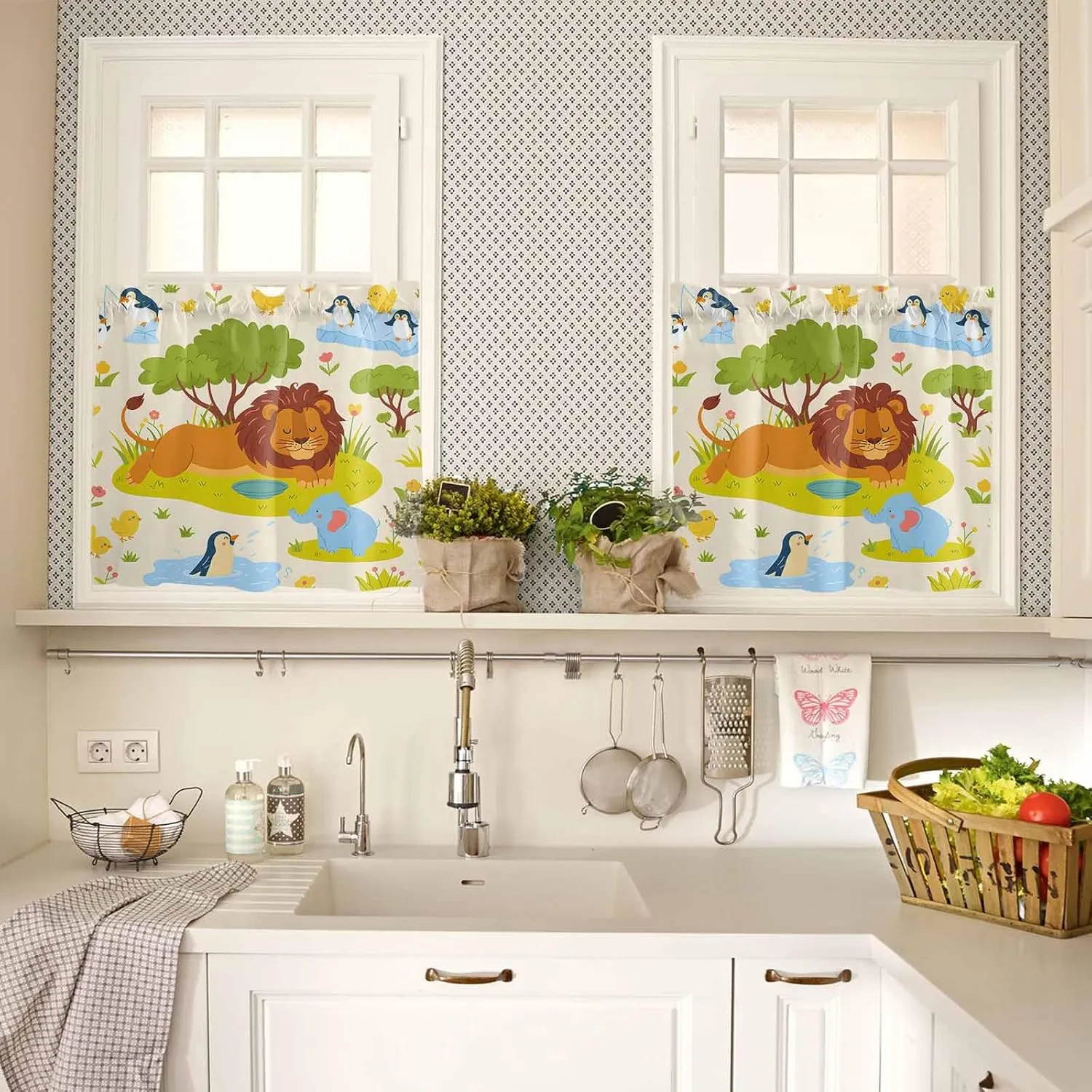 Kitchen Window Valance and Tier Curtains 3 Pieces Set Cartoon Lion Elephant Green Tree on Beige Rod Pocket Valances Tiers Short Cafe Curtain Privacy Window Treatment for Bedroom Animal Focus