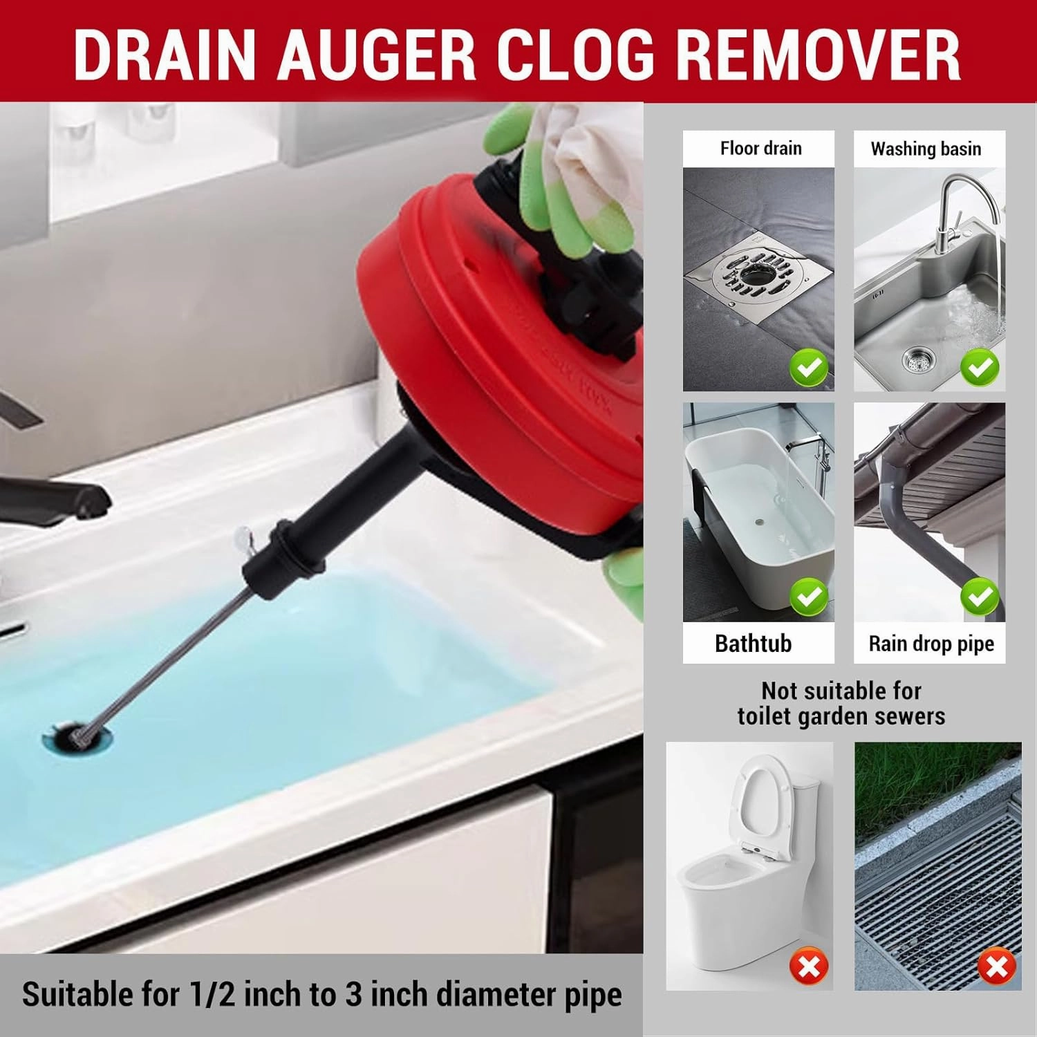 Kitchen Drain Auger, Drain Auger with 65 Mn Steel, High Flexibility & Versatile, Clog Remover for Pipes 1/2 to 3 Inches, Ideal for Household Applications (5m Spring)