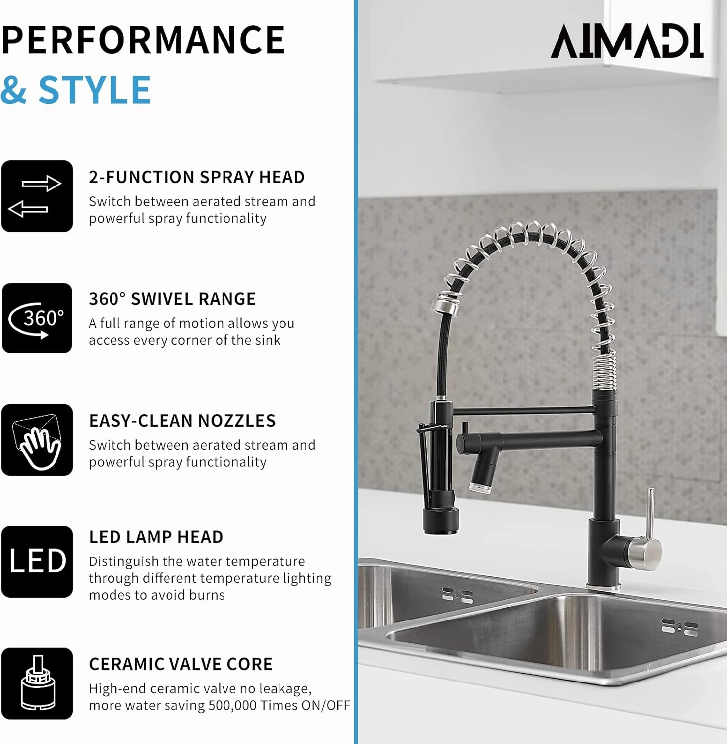 Kitchen Faucet Black AIMADI Black and Brushed Nickel Kitchen Faucet with Pull Down Sprayer,Single Handle Faucet for Kitchen Sink with LED Light
