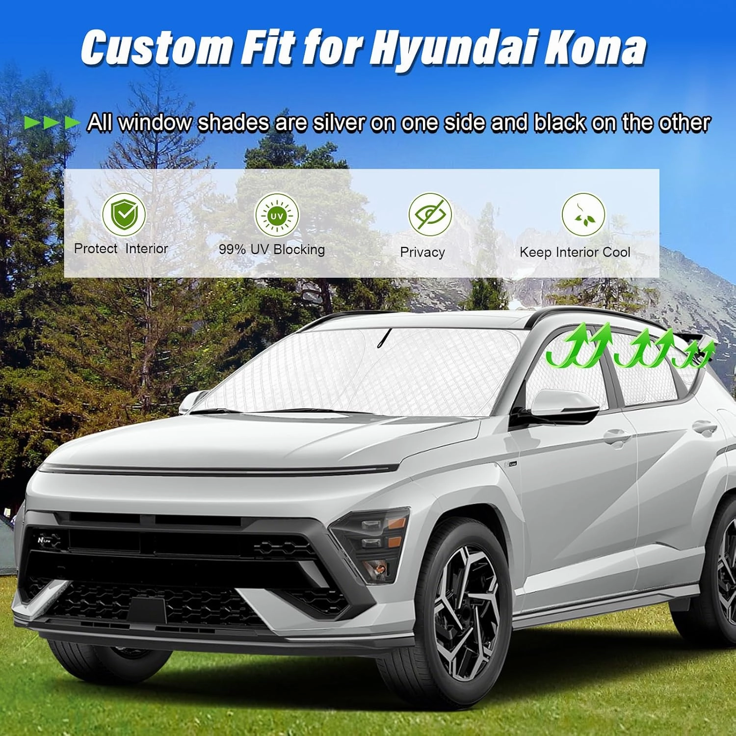 KMF 8pcs Full Window Sun Shade Custom Fit for Hyundai Kona Accessories 2025 2024, Privacy Car Window Covers Sunshade for Windshield Side Rear, Sun Visor UV Block and Blackout for Camping/Baby