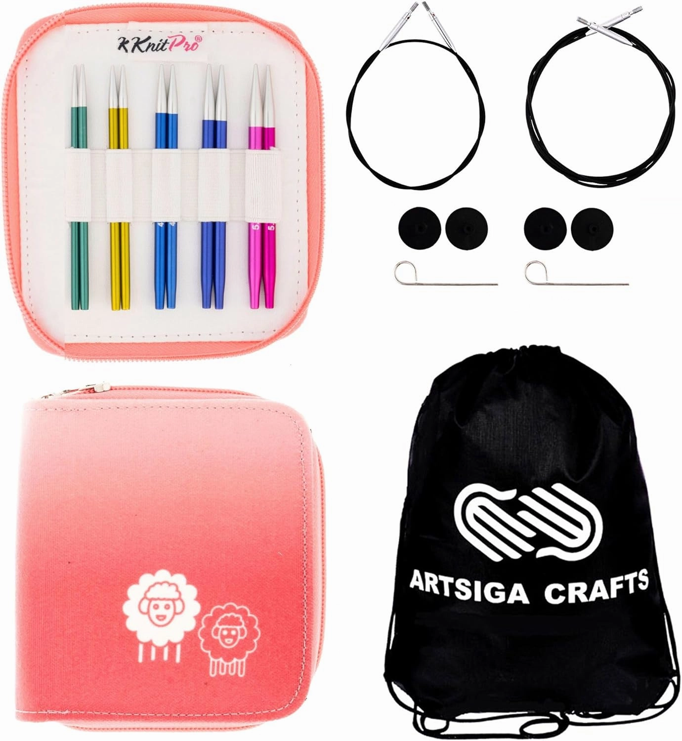 KnitPro Zing Starter Set 4 inch Circular Knitting Needles Size 2.5, 4, 6, 7, 8 Interchangeable, 2 Cables, 4 Caps, 2 Keys, Fabric Case with Project Bag
