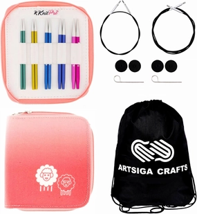 KnitPro Zing Starter Set 4 inch Circular Knitting Needles Size 2.5, 4, 6, 7, 8 Interchangeable, 2 Cables, 4 Caps, 2 Keys, Fabric Case with Project Bag
