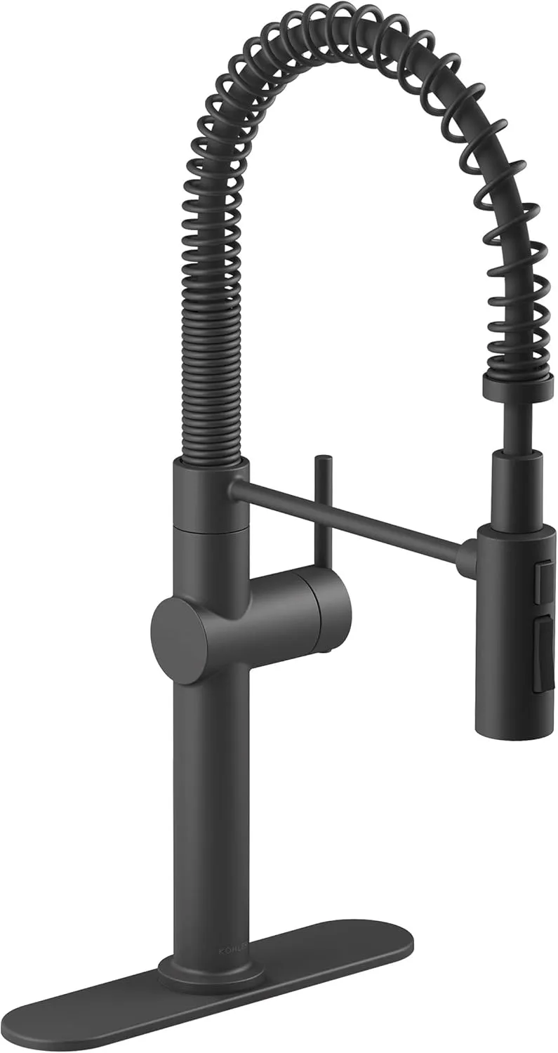 KOHLER 22973-BL Crue High-Arc Kitchen Faucet with Pull Down Spring Spout, Professional Pre-Rinse Kitchen Faucet, Commercial Faucet, Matte Black