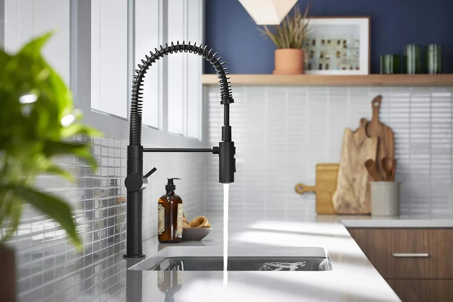 KOHLER 22973-BL Crue High-Arc Kitchen Faucet with Pull Down Spring Spout, Professional Pre-Rinse Kitchen Faucet, Commercial Faucet, Matte Black