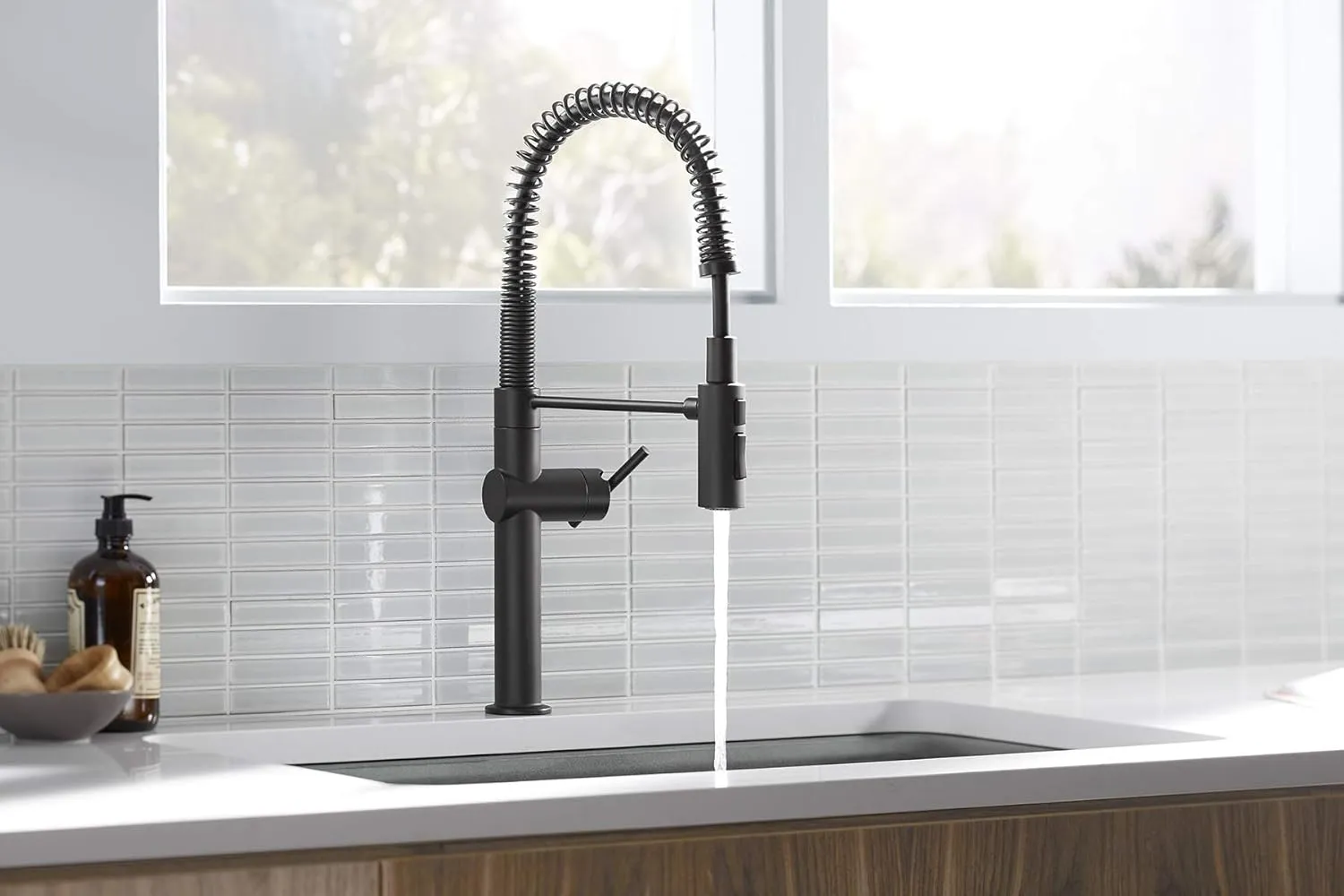 KOHLER 22973-BL Crue High-Arc Kitchen Faucet with Pull Down Spring Spout, Professional Pre-Rinse Kitchen Faucet, Commercial Faucet, Matte Black