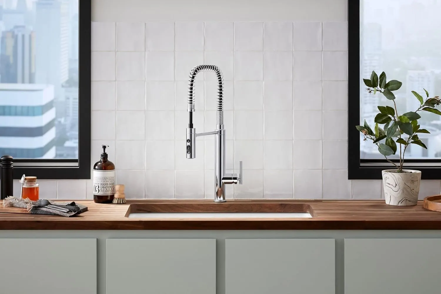 KOHLER 24982-CP Purist Commercial Style Pre-Rinse Kitchen Faucet with 3-Function Sprayhead, Kitchen Sink Faucet with Pull Down Sprayer, Polished Chrome