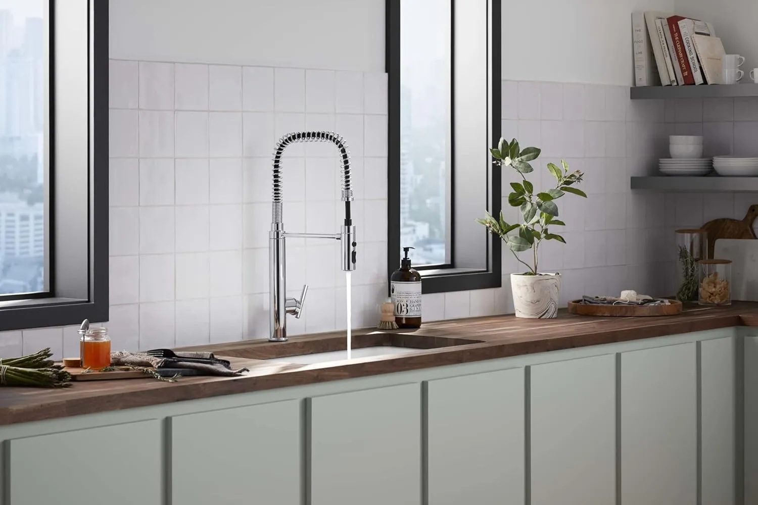 KOHLER 24982-CP Purist Commercial Style Pre-Rinse Kitchen Faucet with 3-Function Sprayhead, Kitchen Sink Faucet with Pull Down Sprayer, Polished Chrome