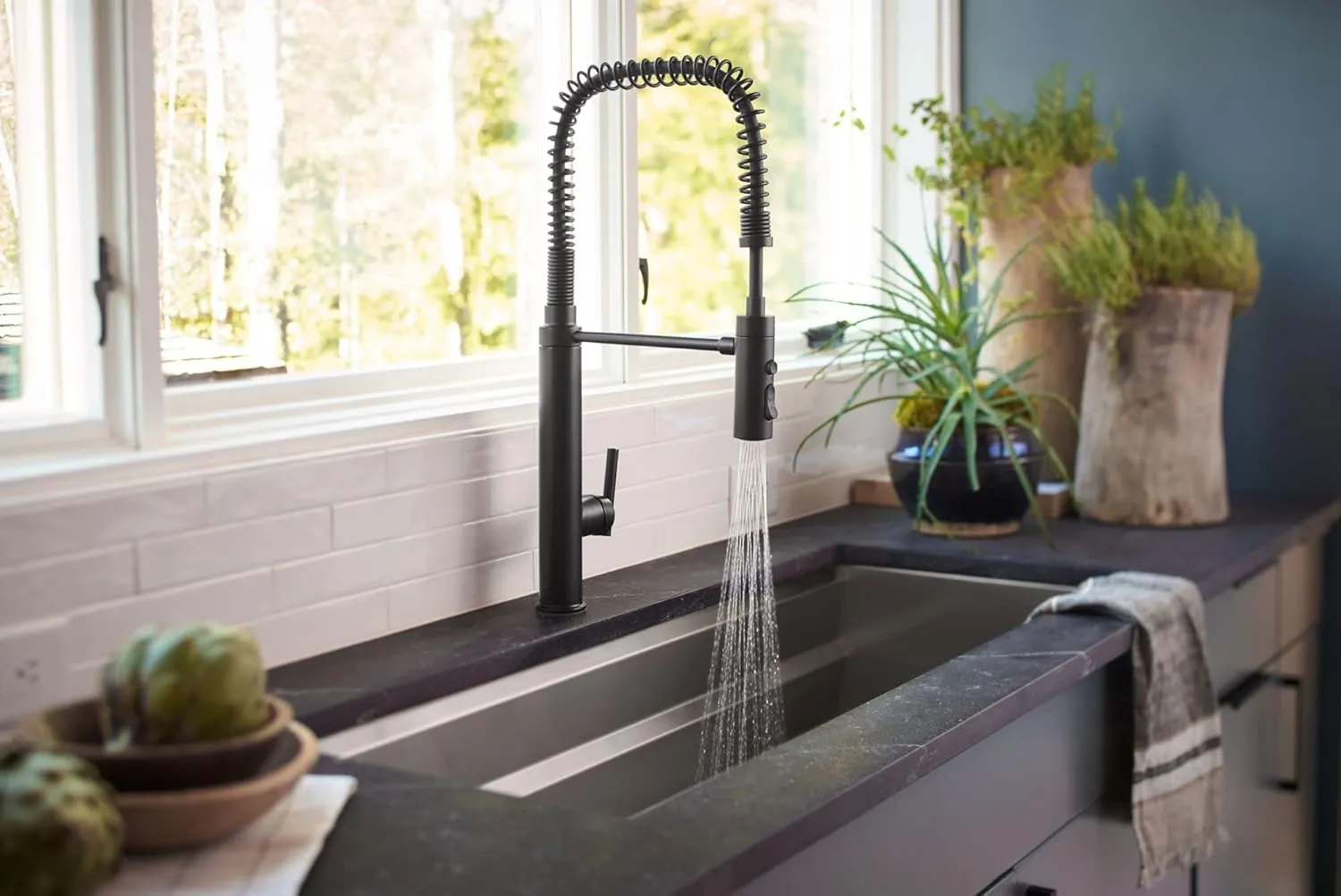 KOHLER 24982-CP Purist Commercial Style Pre-Rinse Kitchen Faucet with 3-Function Sprayhead, Kitchen Sink Faucet with Pull Down Sprayer, Polished Chrome