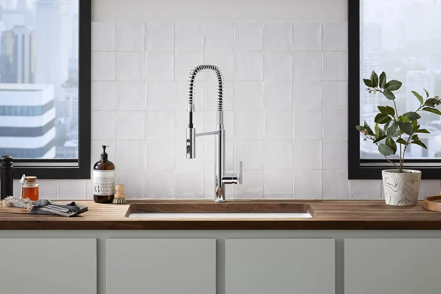 KOHLER 24982-CP Purist Commercial Style Pre-Rinse Kitchen Faucet with 3-Function Sprayhead, Kitchen Sink Faucet with Pull Down Sprayer, Polished Chrome