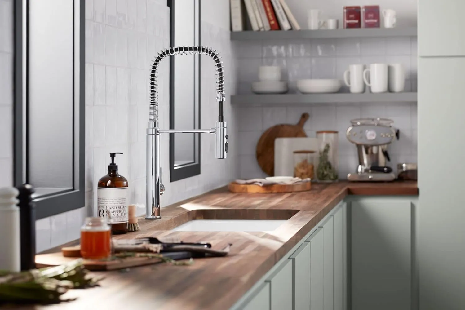 KOHLER 24982-CP Purist Commercial Style Pre-Rinse Kitchen Faucet with 3-Function Sprayhead, Kitchen Sink Faucet with Pull Down Sprayer, Polished Chrome