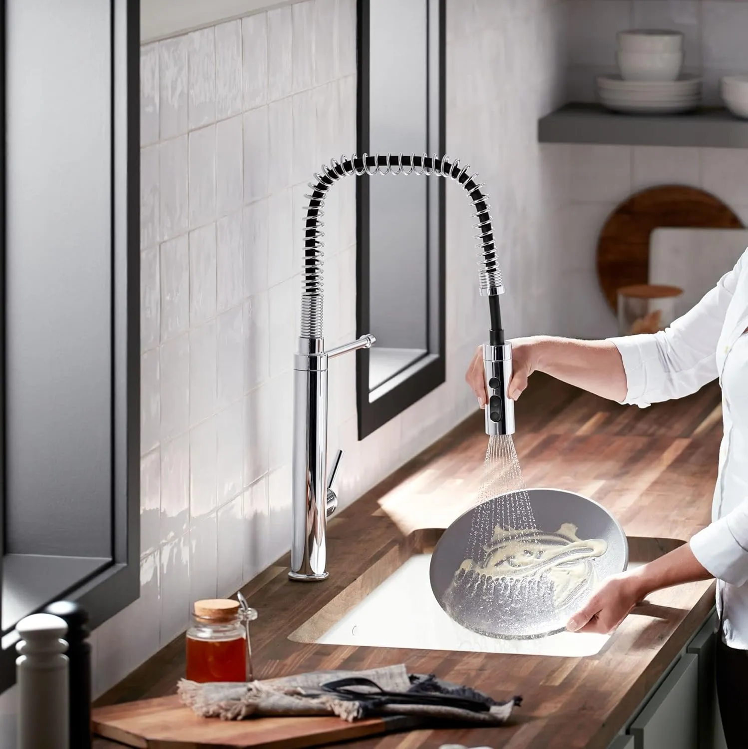 KOHLER 24982-VS Purist Commercial Kitchen Faucet with 3-Function Pull Down Sprayer, Vibrant Stainless