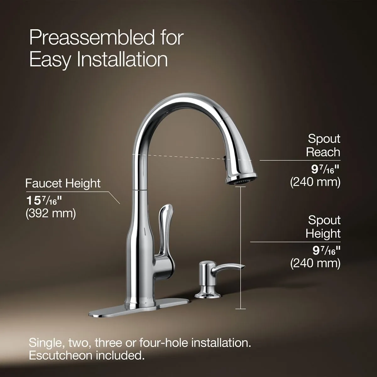 KOHLER K-REC23863-SD-CP Motif Kitchen Faucet with Pull Down Sprayer and Soap Dispenser, Kitchen Sink Faucet in Polished Chrome
