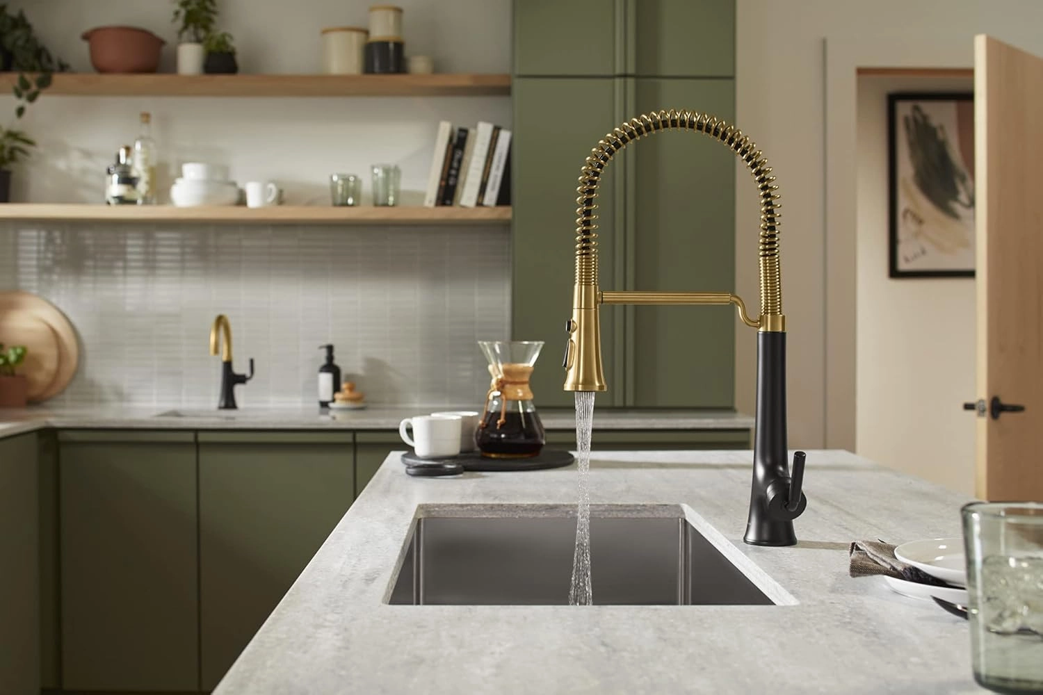 KOHLER 23765-BMB Tone Semi Professional Kitchen Faucet, Matte Black Moderne Brass